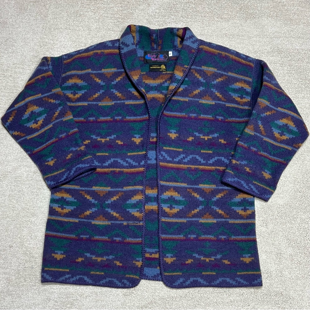 Vintage 90s Early Winters Wool Cardigan Sweater Womens Small Purple Brown Green
